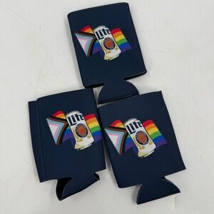 Miller Lite Can Cooler Sleeve LGBTQ Pride Flag Rainbow Design Navy Blue Set of 3